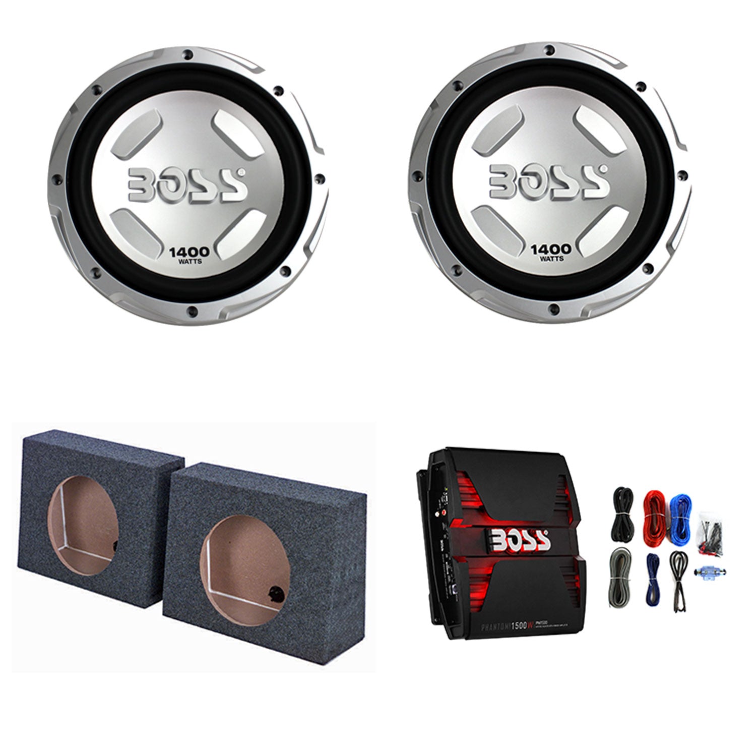 Boss Chaos 12" 1400W Subwoofer (2 Pack) + Amplifier + Sub Box Enclosures Pair
