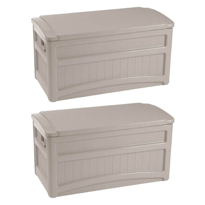 Suncast 73 Gallon Outdoor Patio Deck Storage Organization Box, Taupe (2 Pack) - VMInnovations