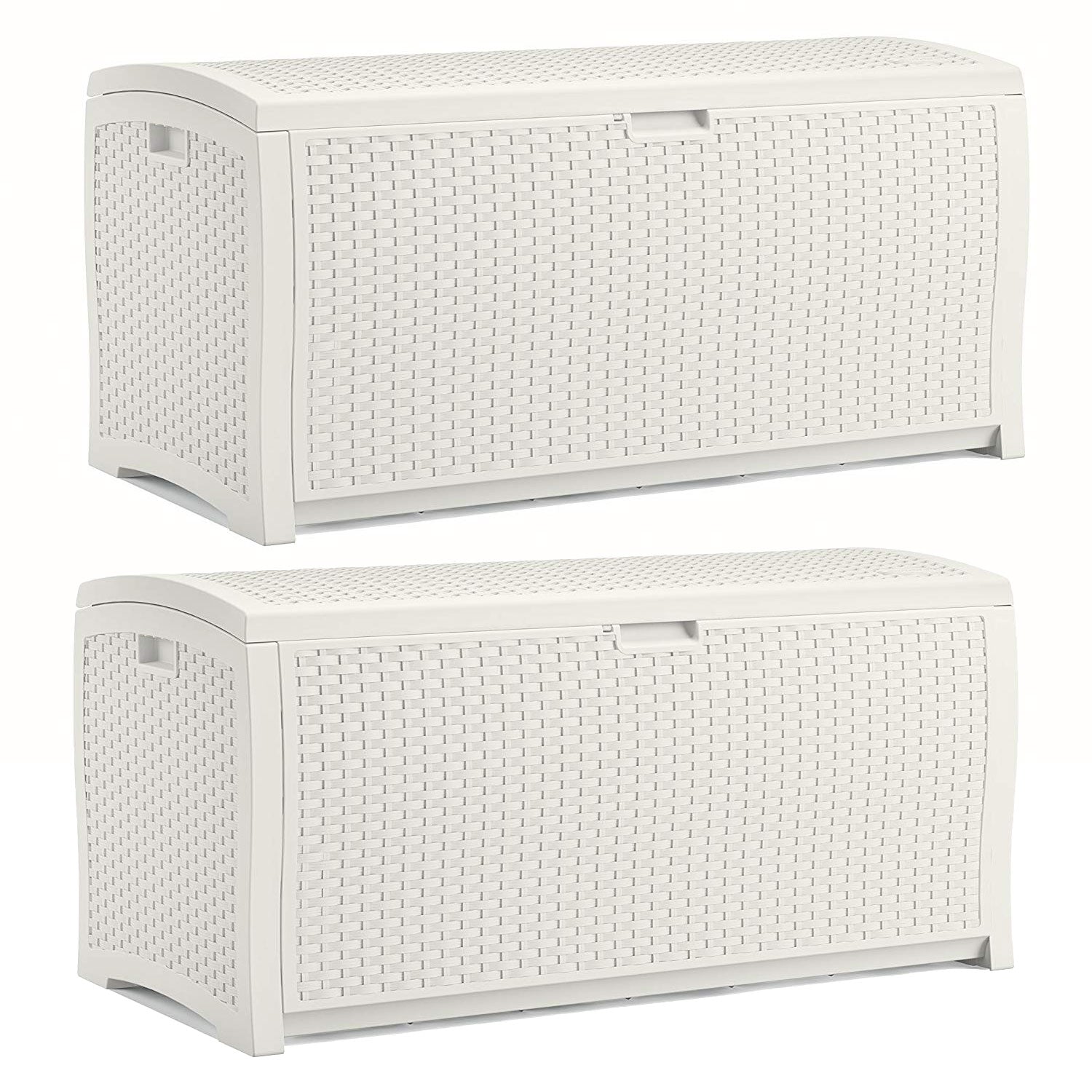 Suncast 99 Gallon Deck Garden Garage Home Wicker Resin Pool Box, White (2 Pack) - VMInnovations