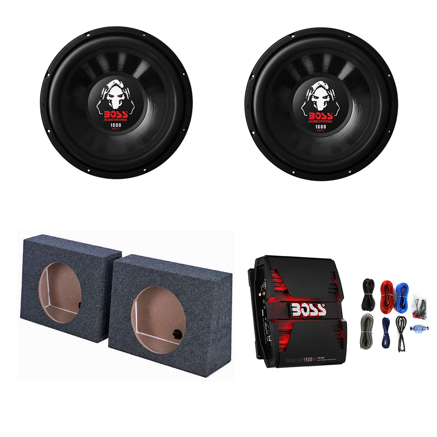 Boss Audio 12" 1600W Subwoofer (2 Pack) + Amplifier + Pair of Sub Box Enclosures