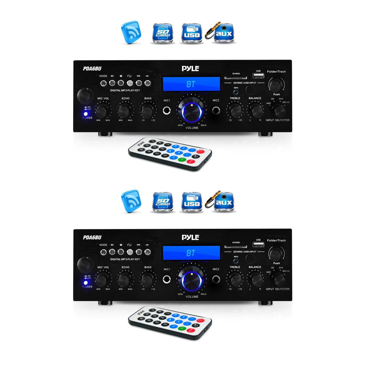 Pyle 200 Watt Bluetooth LCD Home Stereo Amplifier with Remote (2 Pack)