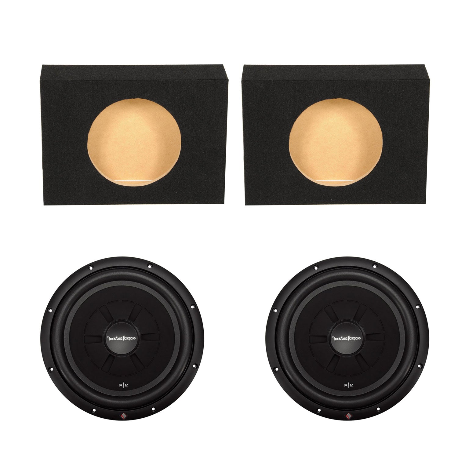 QPower Single 12 Inch Sub Box (2 Pack) and Rockford Fosgate Subwoofer (2 Pack)