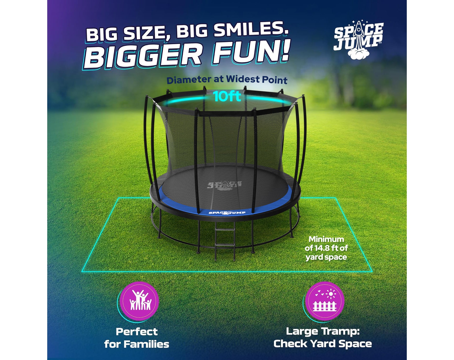 SpaceJump Astro 10' Round Outdoor Trampoline w/ AstroJam Basketball Hoop, Black