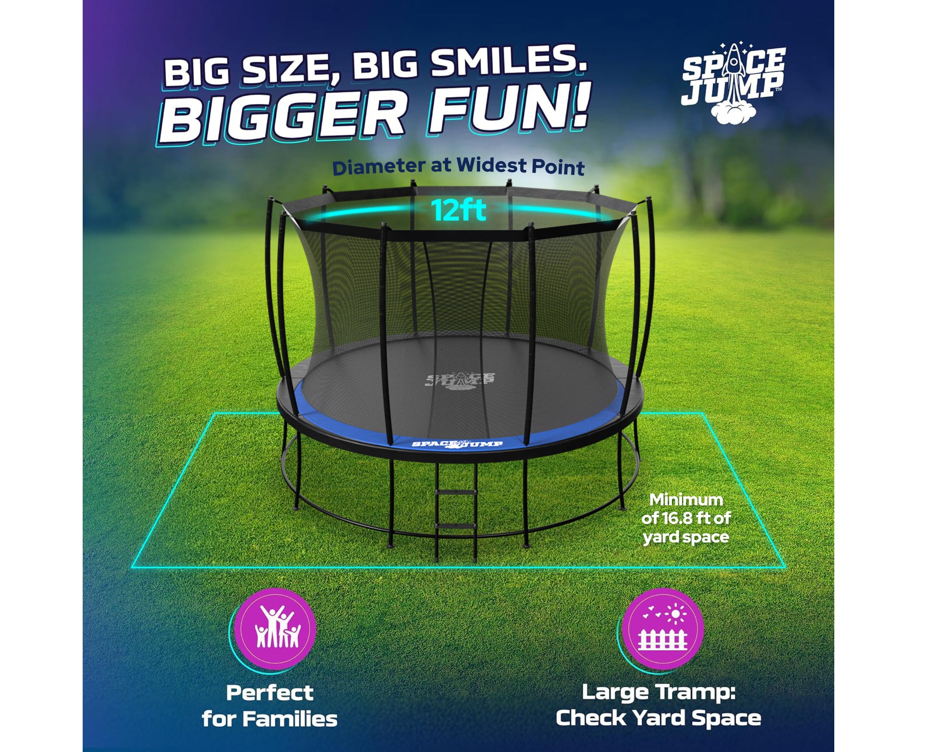 SpaceJump Astro 12' Round Outdoor Trampoline w/ AstroJam Basketball Hoop, Black