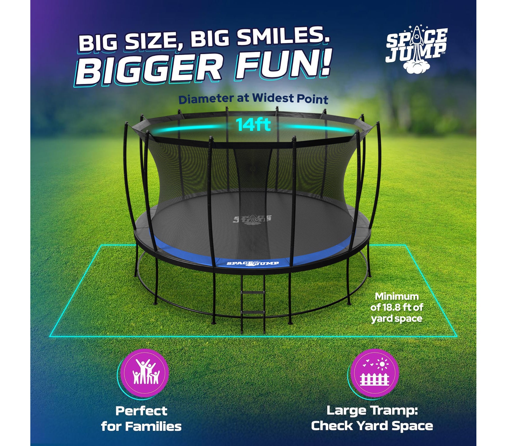SpaceJump Astro 14' Round Outdoor Trampoline w/ AstroJam Basketball Hoop, Black