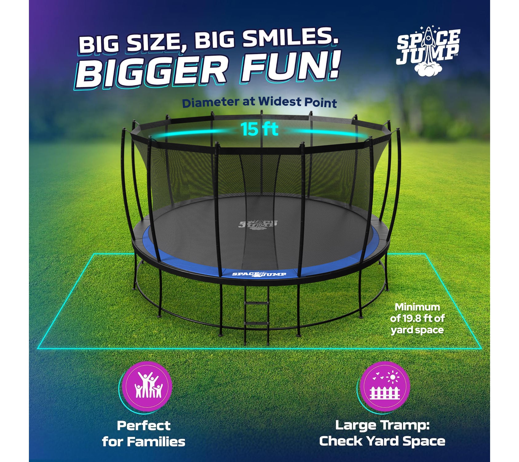 SpaceJump Astro 15 Ft Trampoline, Round Outdoor Bounce Pad w/ Safety Net, Black