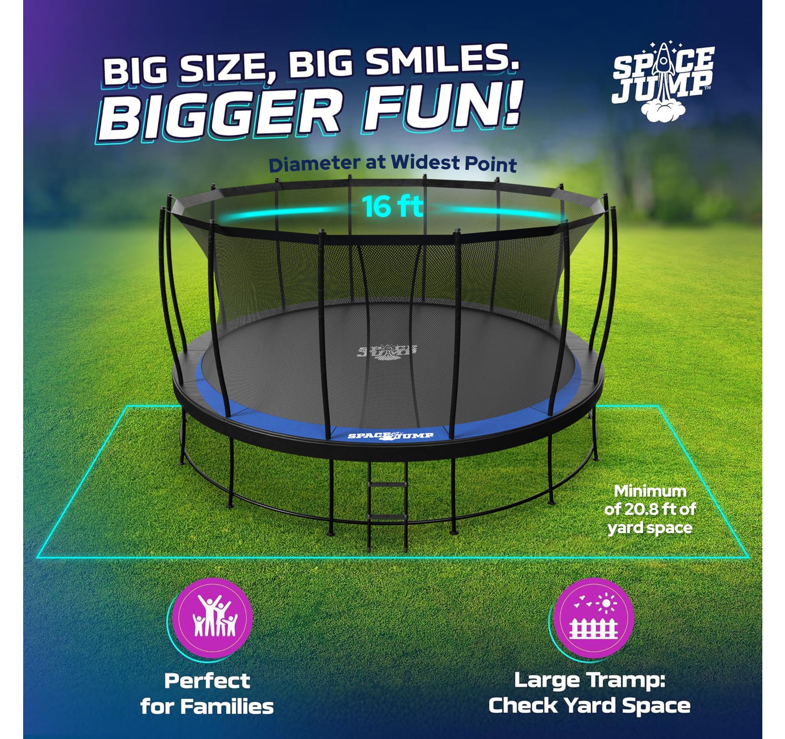 SpaceJump Astro 16 Ft Trampoline, Round Outdoor Bounce Pad w/ Safety Net, Black