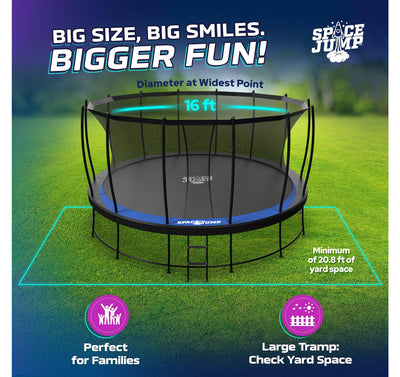 SpaceJump Astro 16 Ft Trampoline, Round Outdoor Bounce Pad w/ Safety Net, Black - VMInnovations