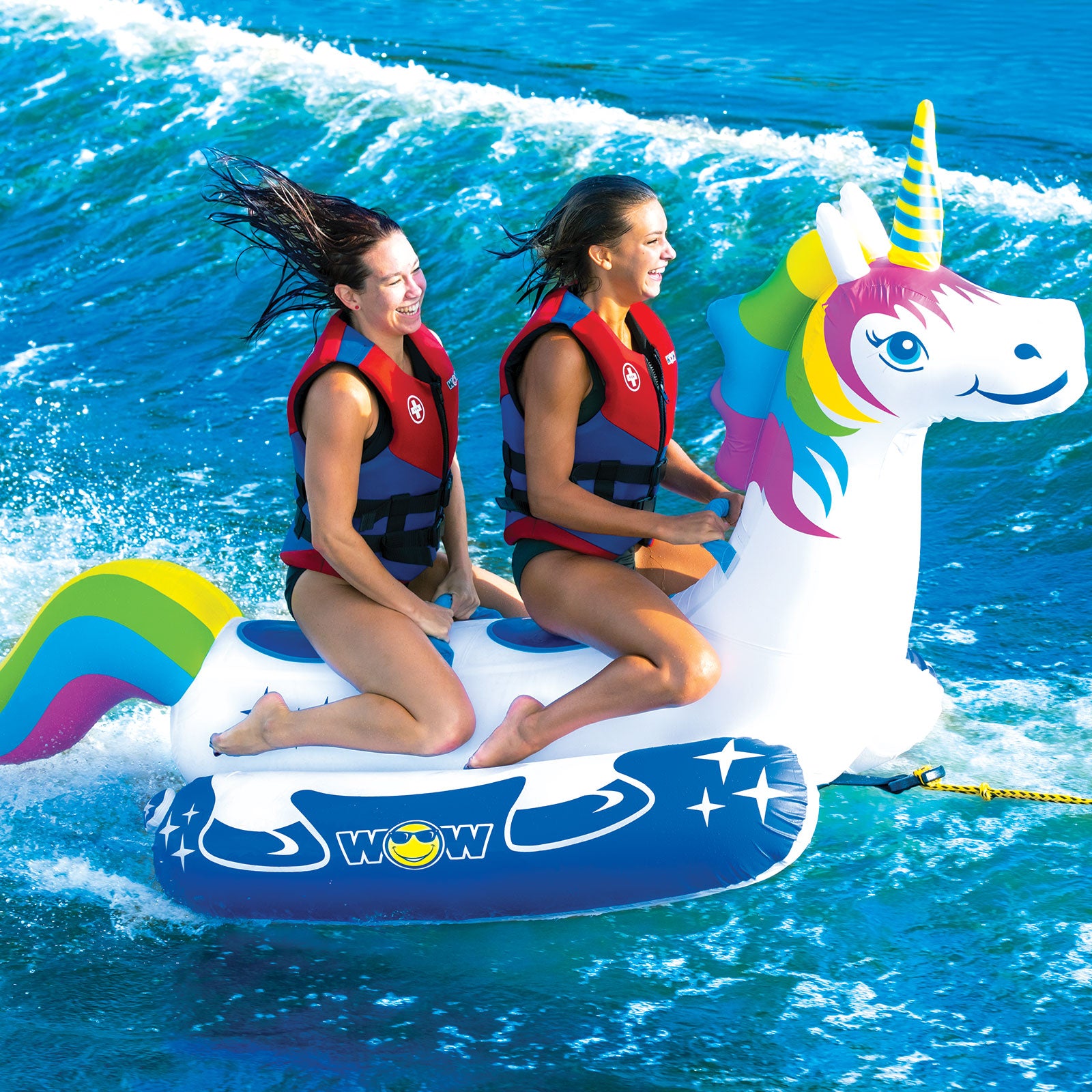 WOW Watersports Inflatable Big Shark Boating Tube & Rainbow Unicorn Ride On Tube