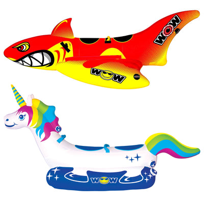 WOW Watersports Inflatable Big Shark Boating Tube & Rainbow Unicorn Ride On Tube