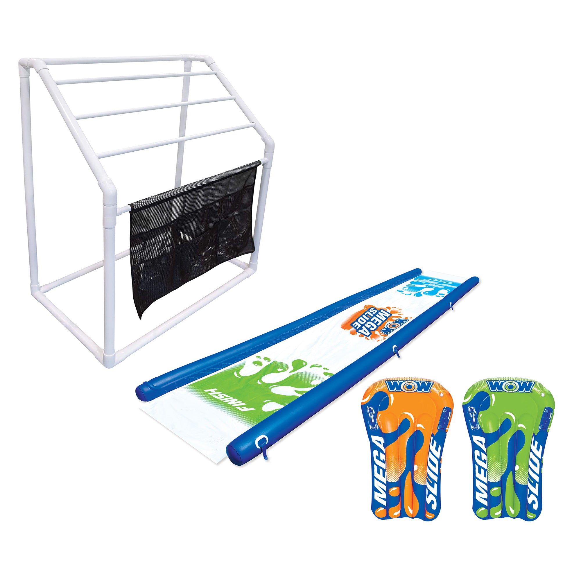 WOW Watersports Freestanding 5 Rail Towel Rack and Backyard Mega Waterslide