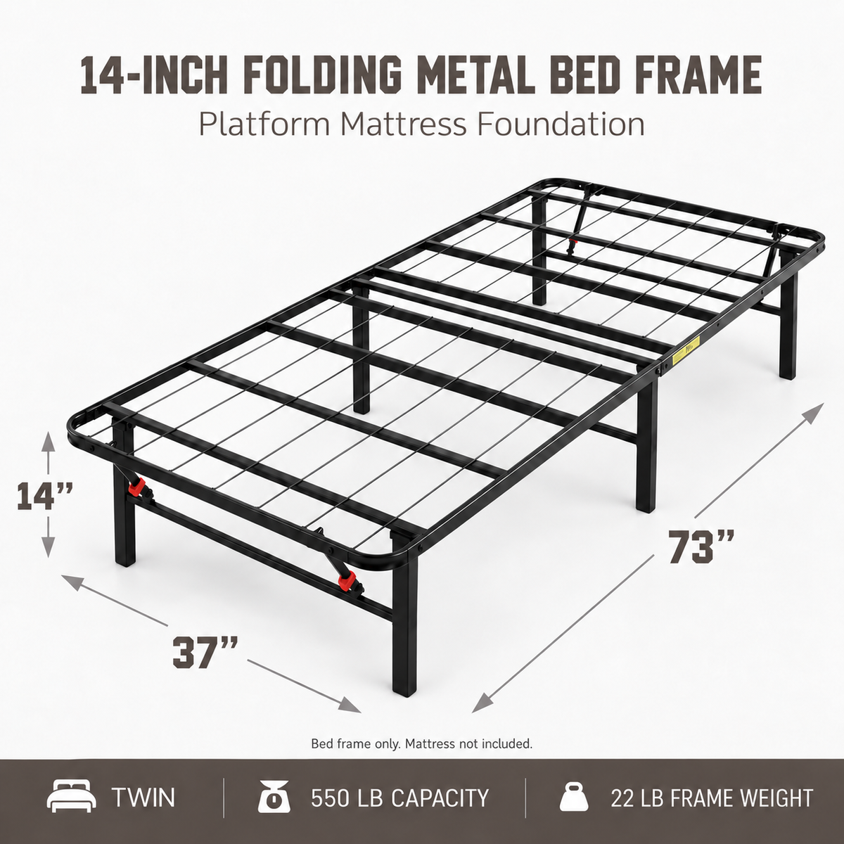 Hercules Folding Metal Bed Frame, 14 Inch Platform Mattress Foundation, Twin