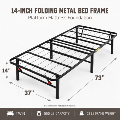 Hercules Folding Metal Bed Frame, 14 Inch Platform Mattress Foundation, Twin