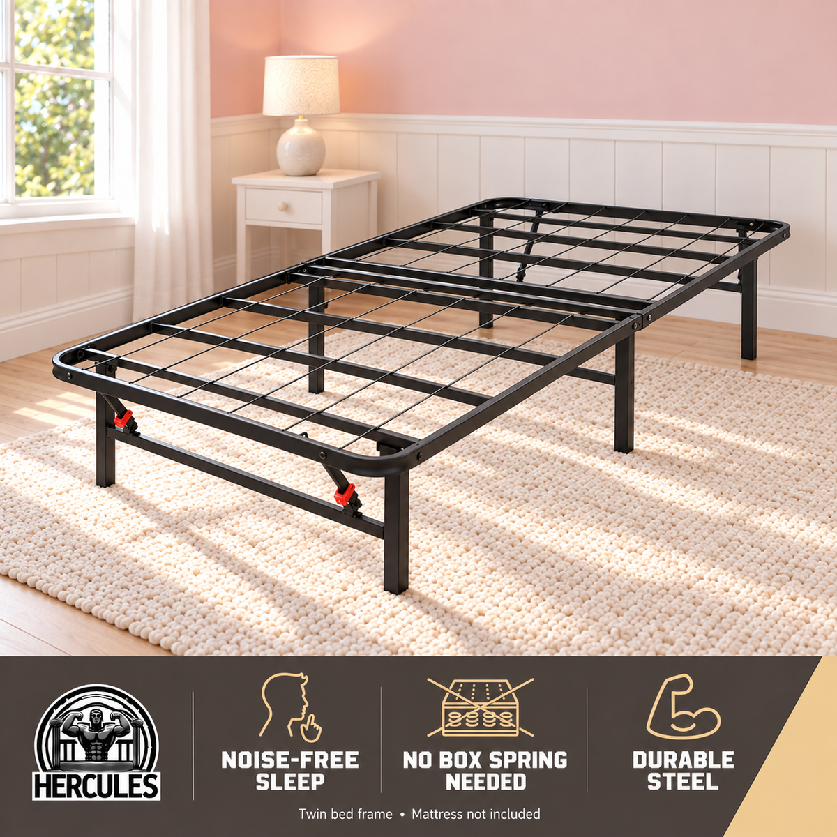 Hercules Folding Metal Bed Frame, 14 Inch Platform Mattress Foundation, Twin