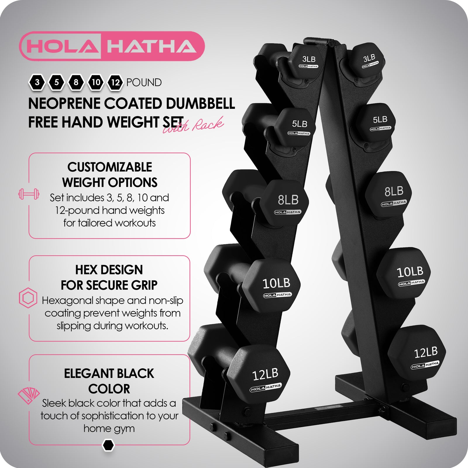 HolaHatha Neoprene Coated Dumbbell Free Hand Weight Set with Rack(For Parts) - VMInnovations