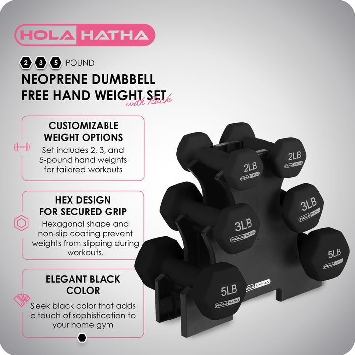 HolaHatha 2, 3, and 5lb Neoprene Dumbbell Hand Weight Set w/Rack, Blk (Open Box)
