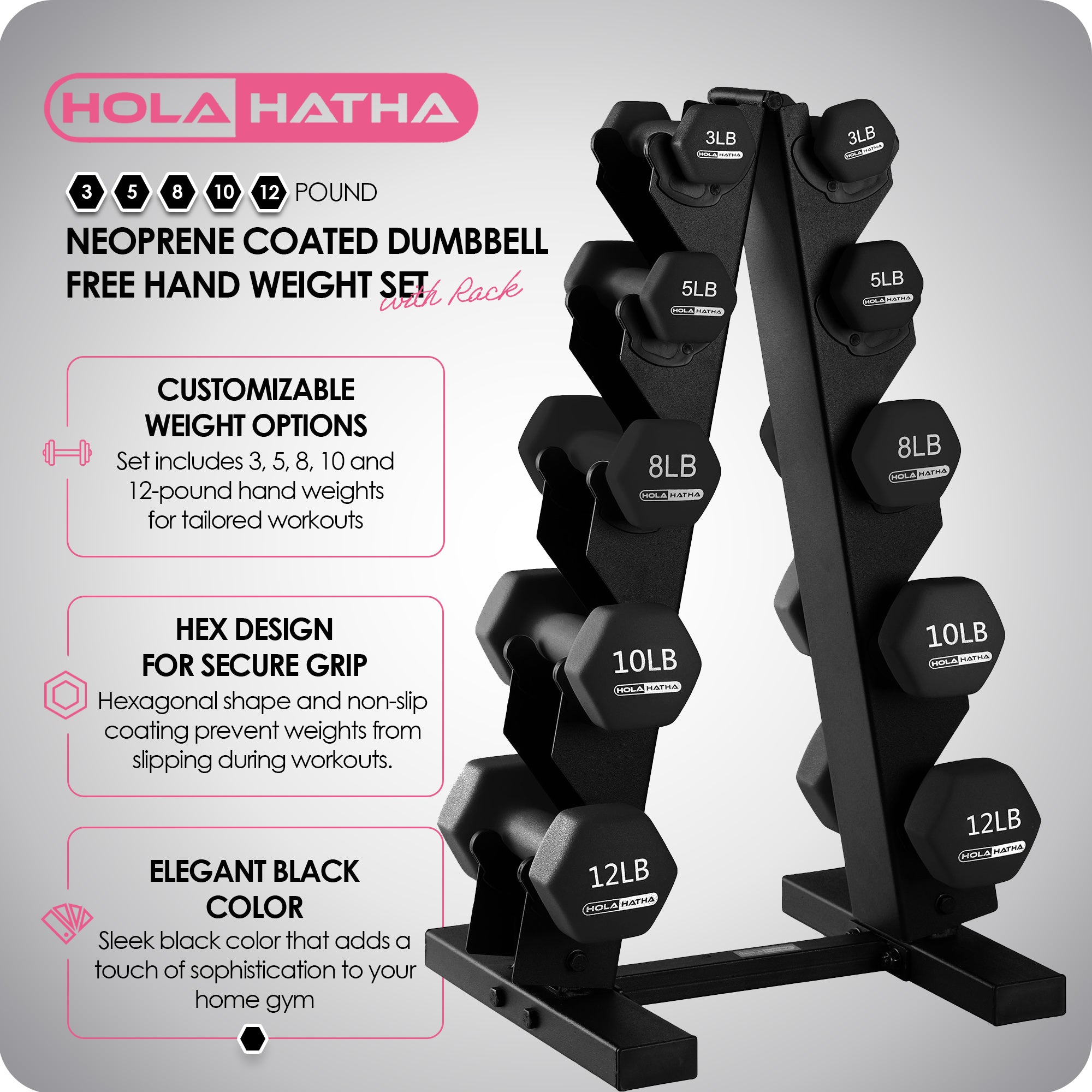 HolaHatha Neoprene Coated Dumbbell Free Hand Weight Set with Rack(For Parts)