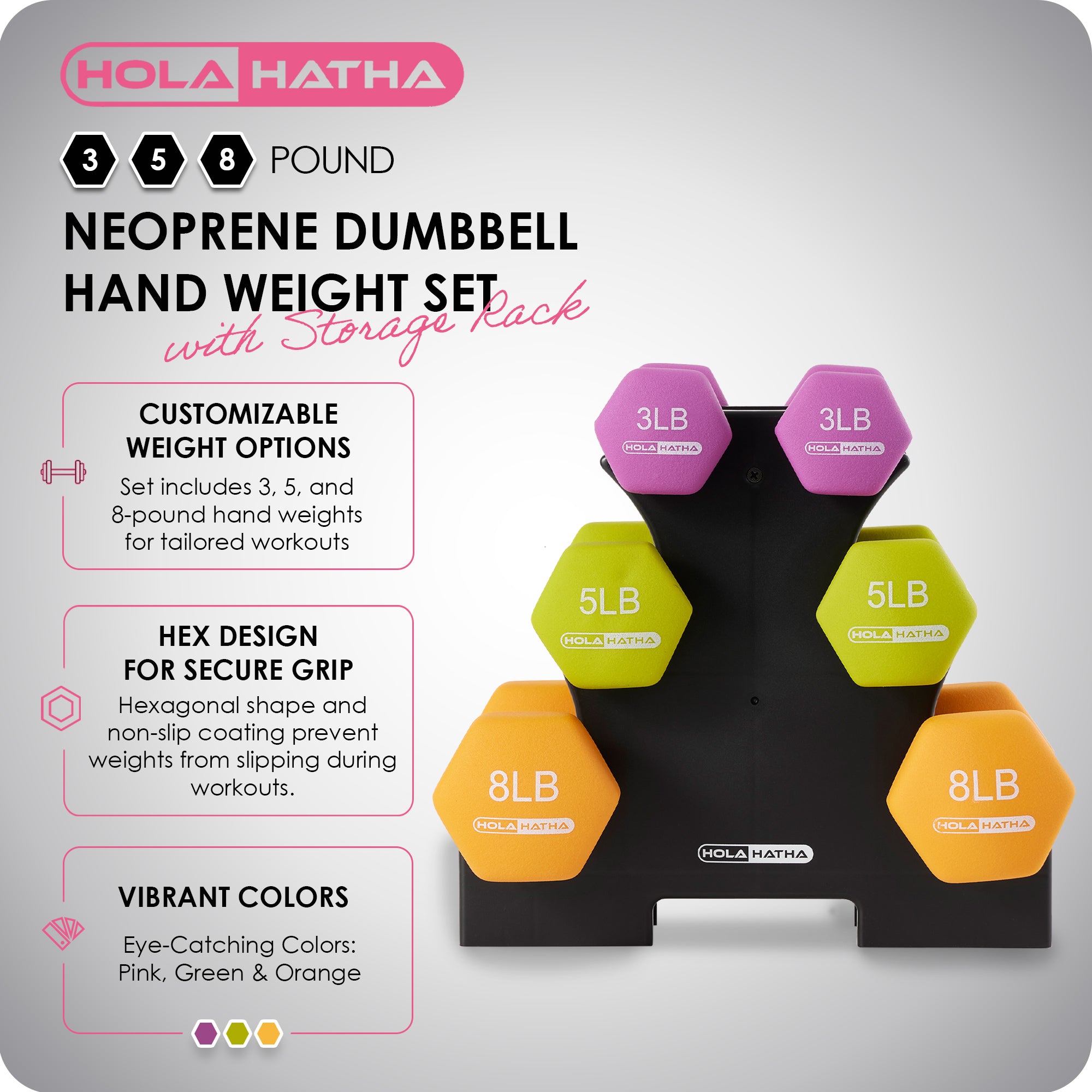 HolaHatha Dumbbell Weight Set w/ 3, 5 and 8 Pound Hand Weights and Rack (Used) - VMInnovations