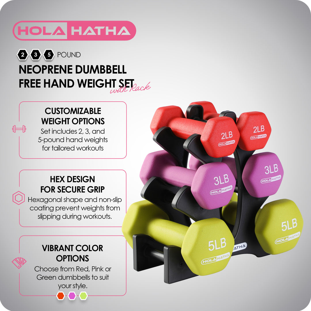 HolaHatha 2, 3, and 5 Pound Neoprene Dumbbell Free Hand Weight Set with Rack