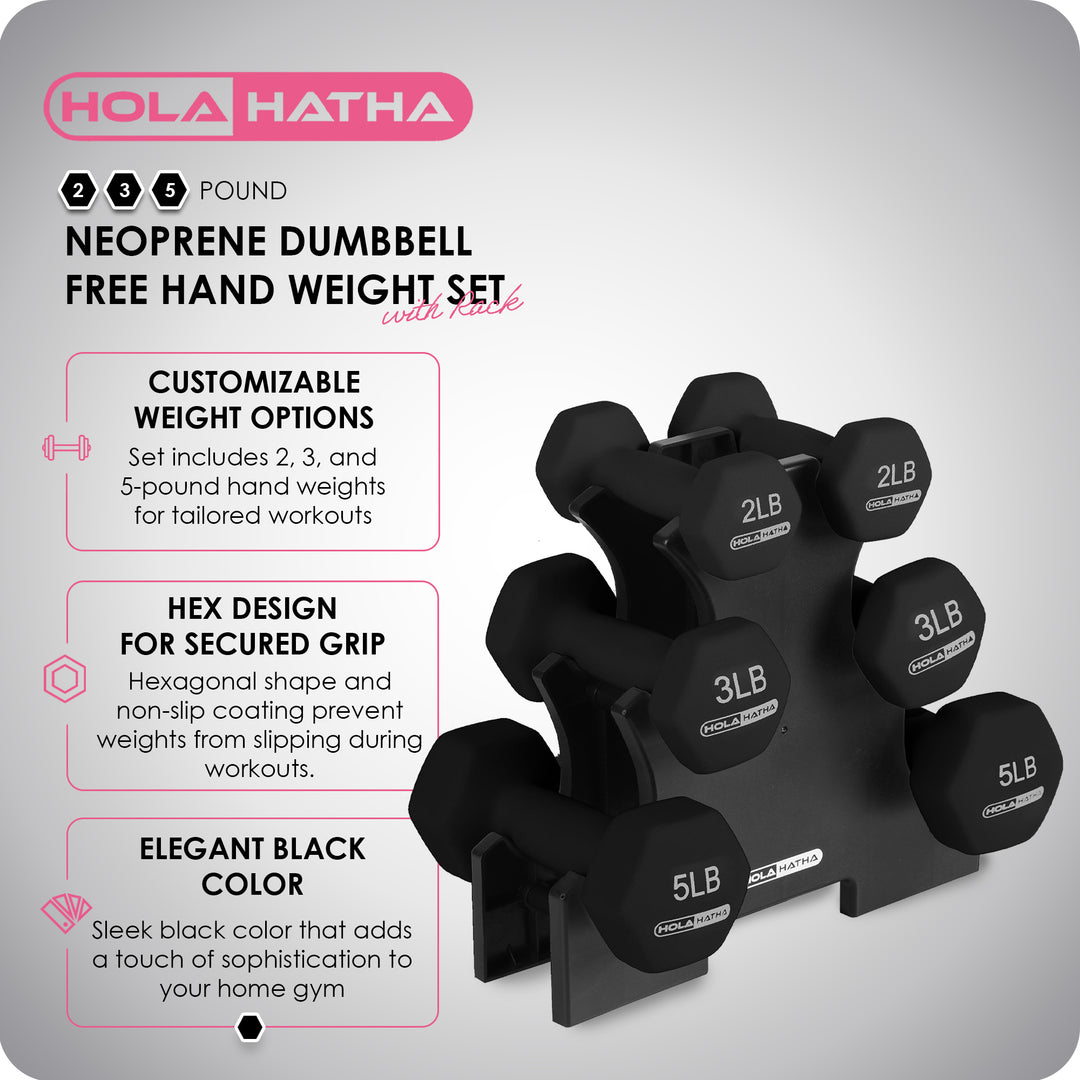 HolaHatha 2, 3, and 5 Pound Neoprene Dumbbell Free Hand Weight Set w/Rack, Black