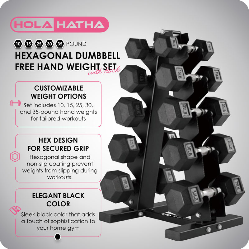 HolaHatha 10, 15, 25, 30 & 35 Pound Hexagonal Dumbbell Weight Set w/ Rack, Black