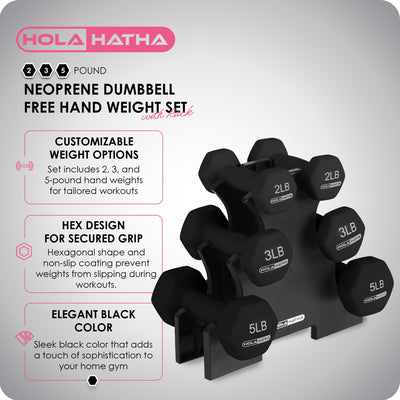 HolaHatha 2, 3, and 5lb Neoprene Dumbbell Hand Weight Set w/Rack, Blk (Open Box) - VMInnovations