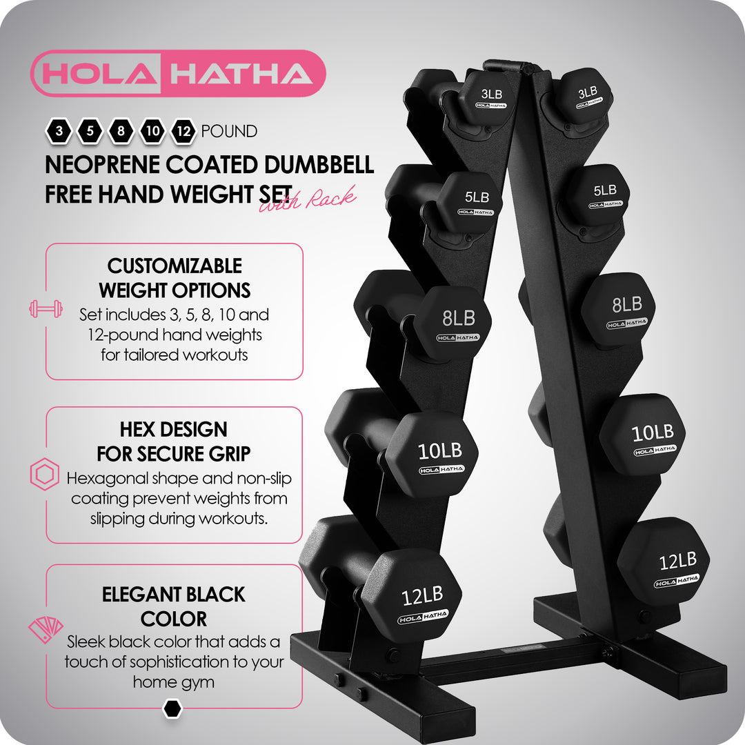 HolaHatha Neoprene Coated Dumbbell Weight Set w/Storage Rack, Black(Open Box)