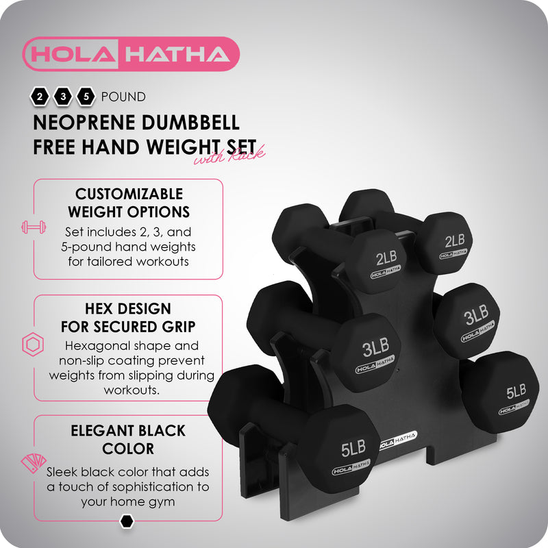 HolaHatha 2, 3, and 5 Pound Dumbbell Free Hand Weight Set w/Rack, Black (Used)