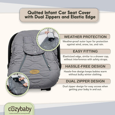 CozyBaby Quilted Infant Car Seat Cover with Dual Zippers and Elastic Edge, Gray - VMInnovations