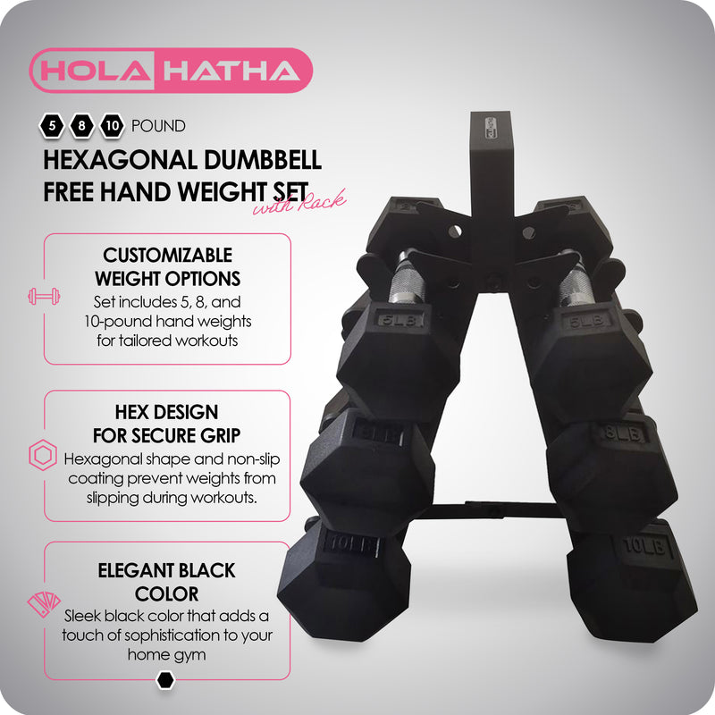 HolaHatha Hexagonal Dumbbell Free Hand Weight Set w/ Rack, 5, 8, & 10 Lbs, Black