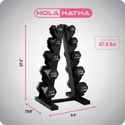 HolaHatha Neoprene Coated Dumbbell Weight Set w/Storage Rack, Black(Open Box) - VMInnovations