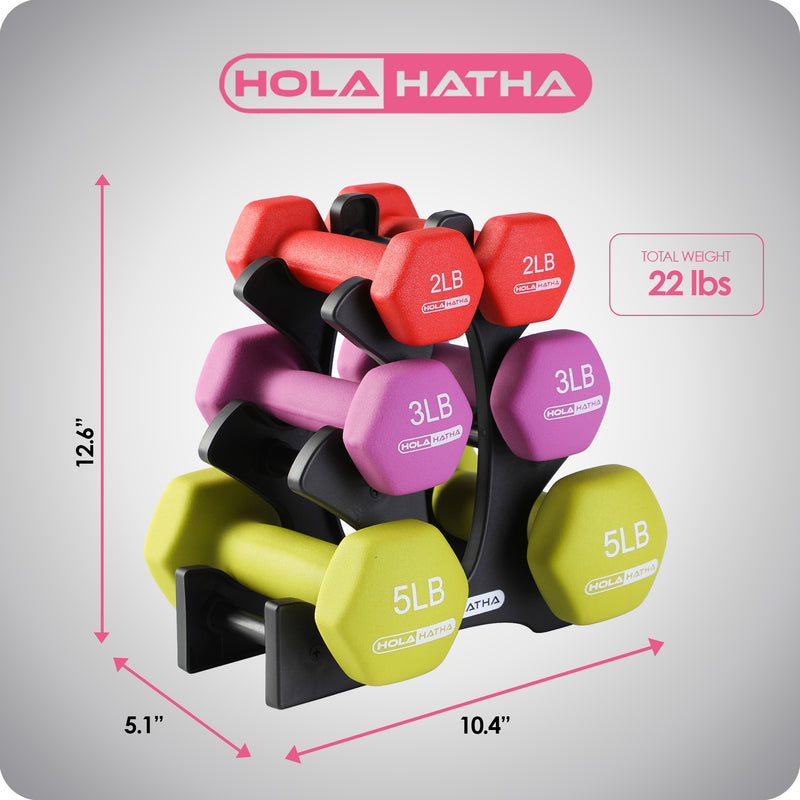 HolaHatha 2, 3, and 5 Pound Dumbbell Free Hand Weight Set with Rack (Open Box)