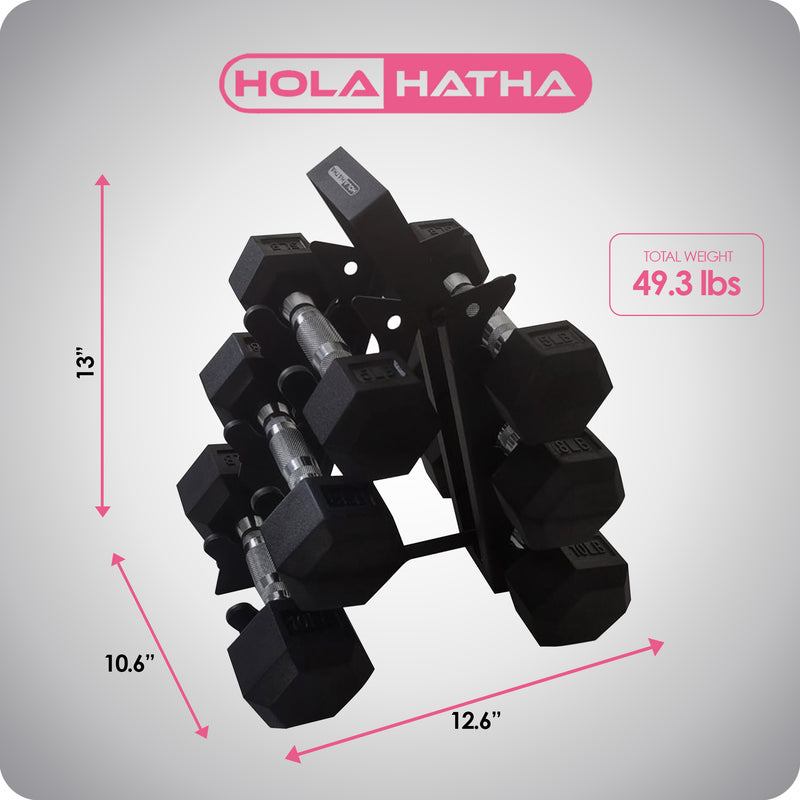HolaHatha Hexagonal Dumbbell Weight Set w/ Rack, 5, 8, & 10Lbs, Black(For Parts)