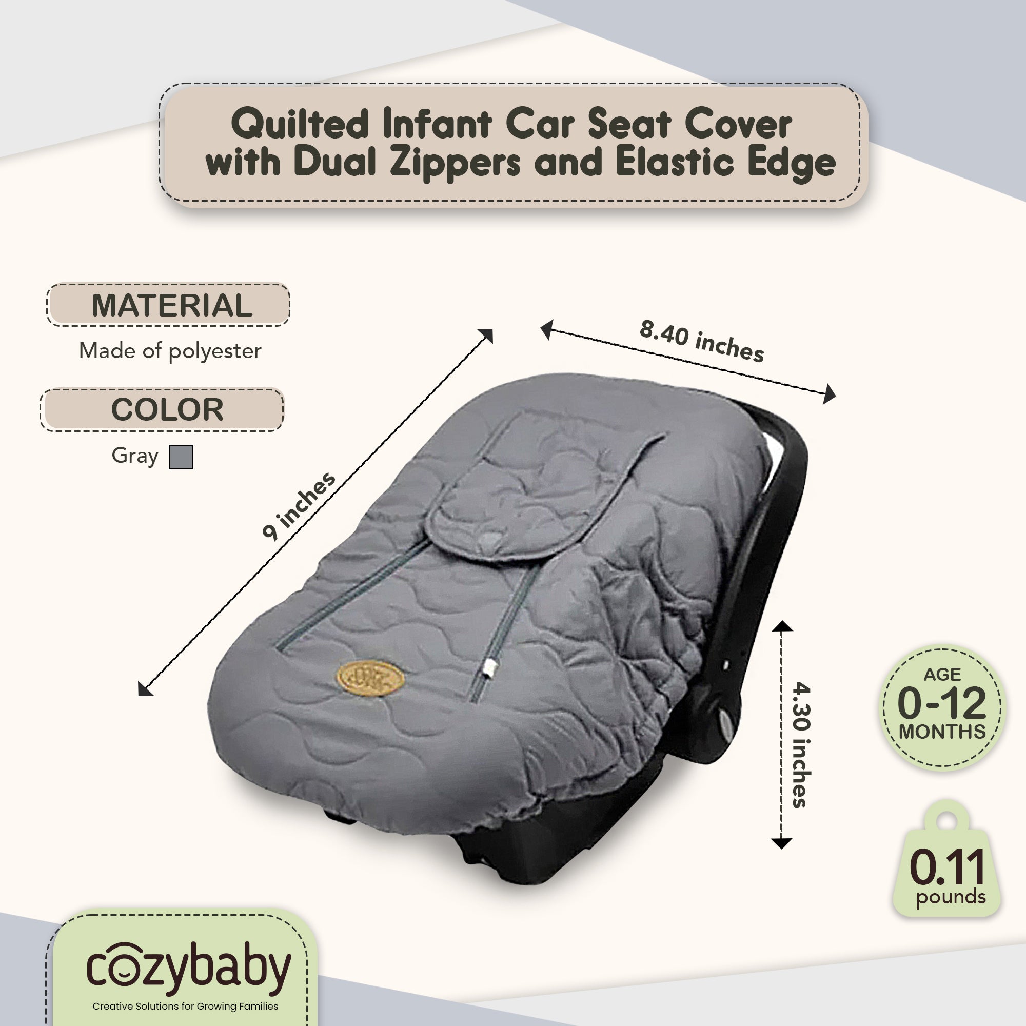 CozyBaby Quilted Infant Car Seat Cover with Dual Zippers and Elastic Edge, Gray - VMInnovations