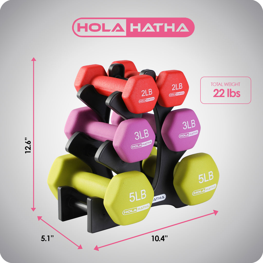 HolaHatha 2, 3, & 5lb Neoprene Dumbbell Free Hand Weight Set w/ Rack (For Parts)