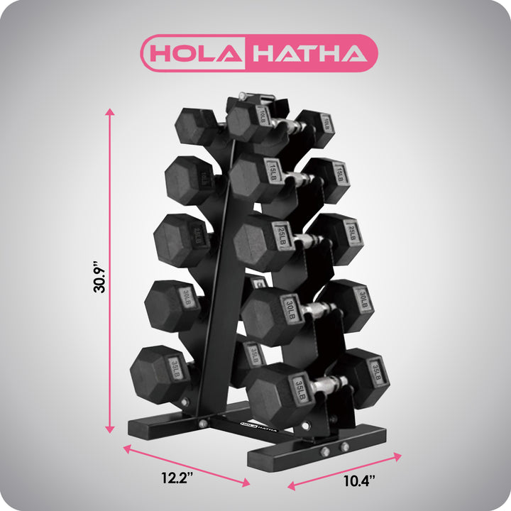 HolaHatha 10, 15, 25, 30 & 35 Lb Hexagonal Dumbbell Weight Set w/ Rack, Black