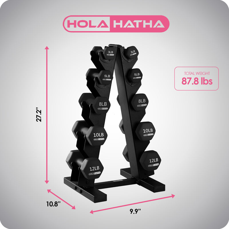 HolaHatha Neoprene Coated Dumbbell Free Hand Weight Set with Storage Rack, Black