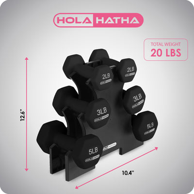 HolaHatha 2, 3, and 5 Pound Dumbbell Free Hand Weight Set w/Rack, Black (Used)