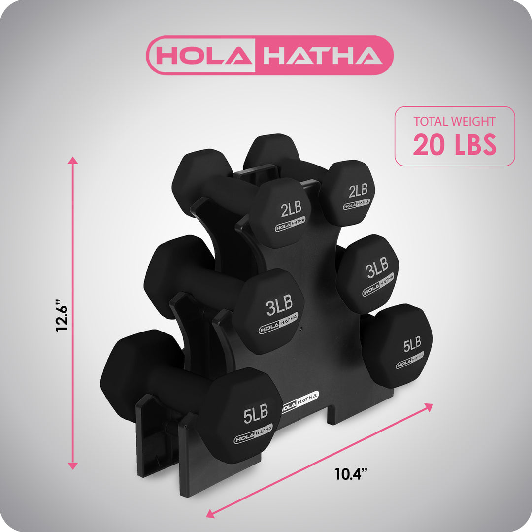 HolaHatha 2, 3, and 5 Pound Neoprene Dumbbell Free Hand Weight Set w/Rack, Black