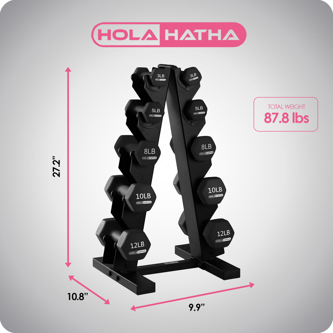 HolaHatha Neoprene Coated Dumbbell Weight Set w/Storage Rack, Black(Open Box)