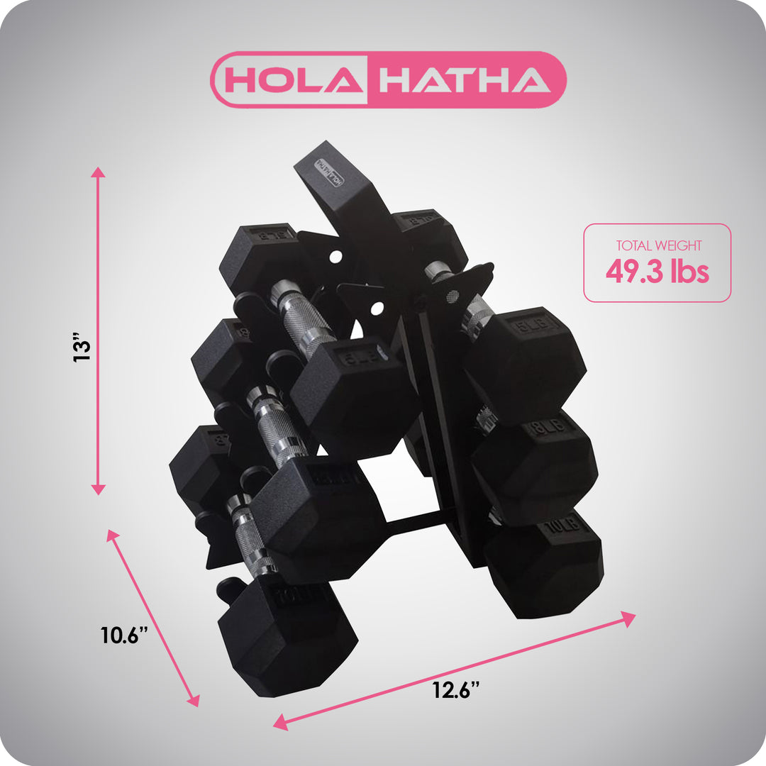 HolaHatha Hexagonal Dumbbell Free Hand Weight Set w/ Rack, 5, 8, & 10 Lbs, Black