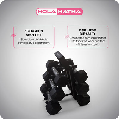 HolaHatha Hexagonal Dumbbell Free Hand Weight Set w/ Rack, 5, 8, & 10 Lbs, Black