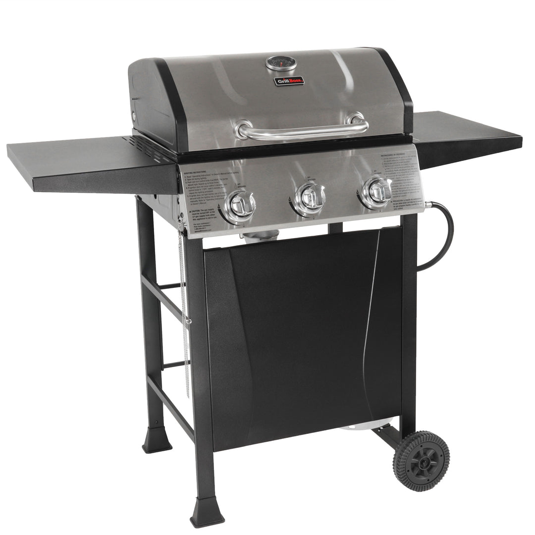 Grill Boss 3 Burner Gas Grill w/ Top Cover and Shelves, Stainless Steel (Used)