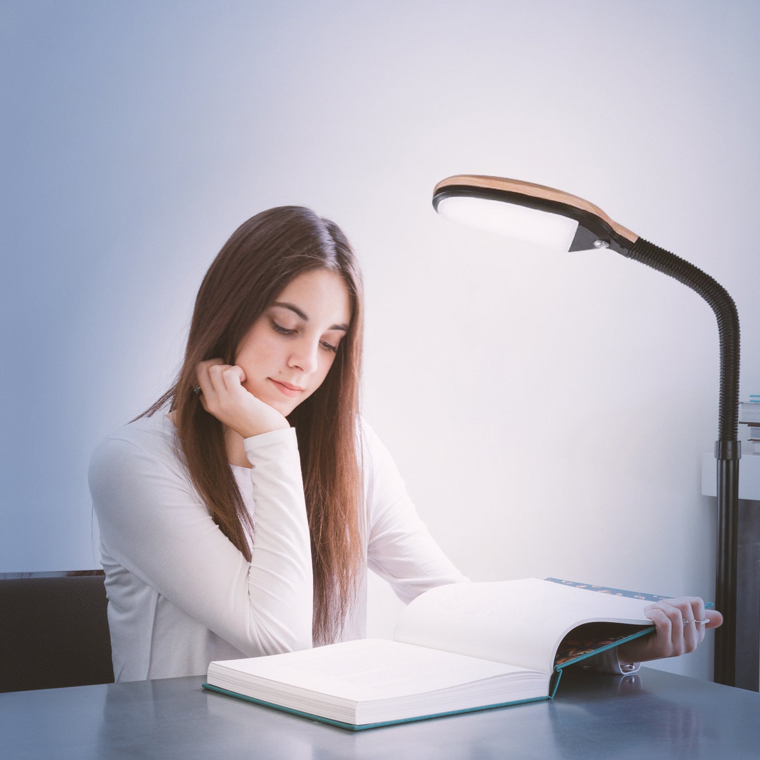 Brightech Litespan Daylight LED Floor Lamp with Reading Light, Wood (Open Box)