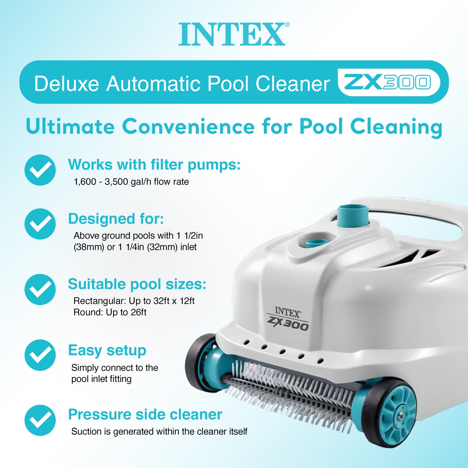 Intex 700 Gal Per Hour Above Ground Pool Cleaner Robot Vacuum w/ 21 Ft Hose - VMInnovations