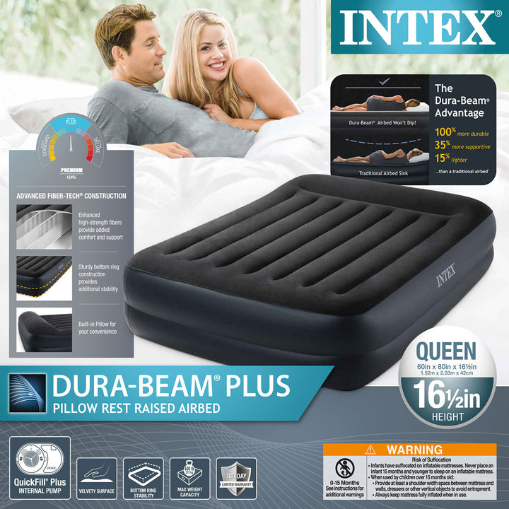 Intex 64123ED Dura Beam Pillow Raised Air Mattress w/ Built in Pump Queen (Used)