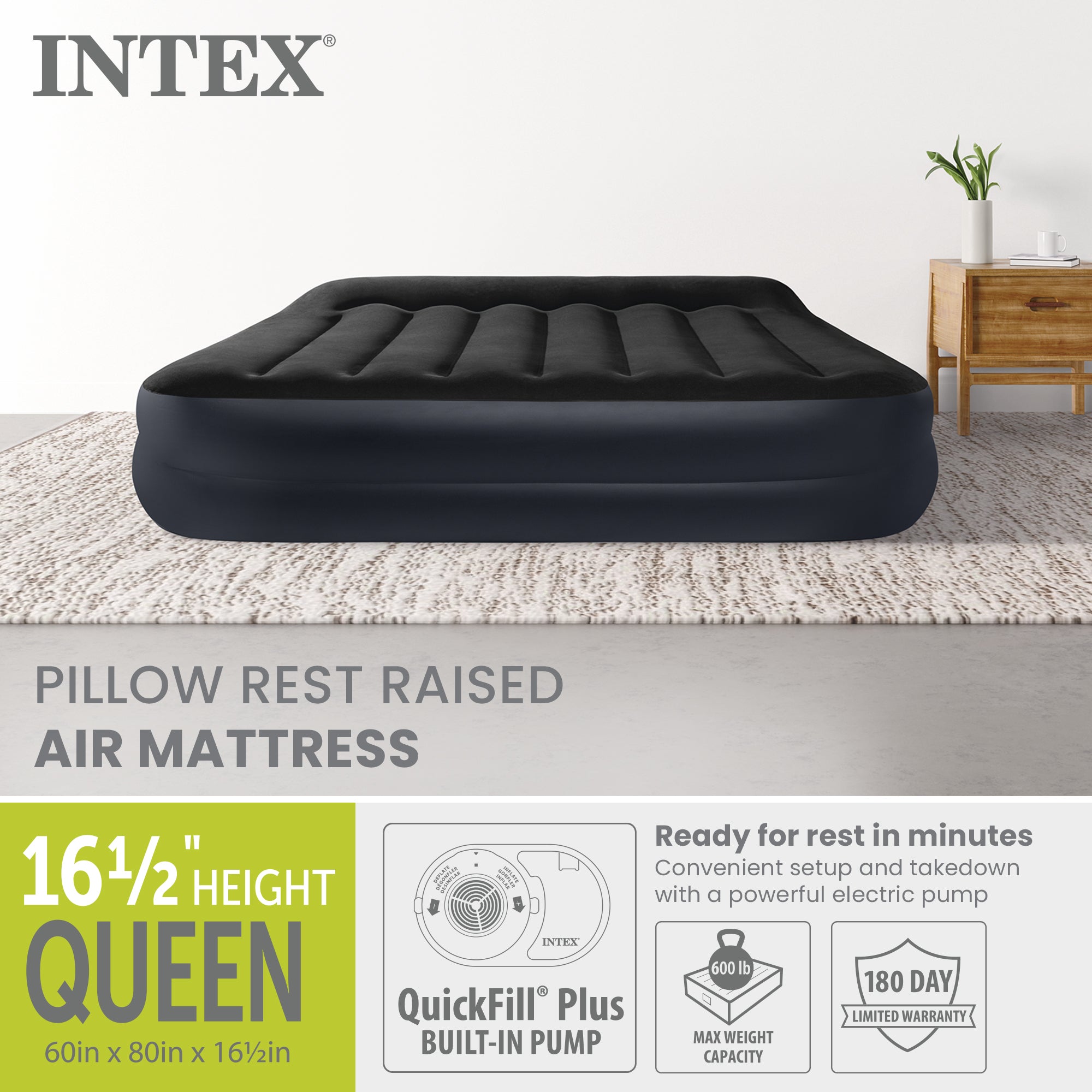 Intex 64123ED Air Mattress, Dura Beam Plus Pillow Rest w/ Built in Pump, Queen - VMInnovations
