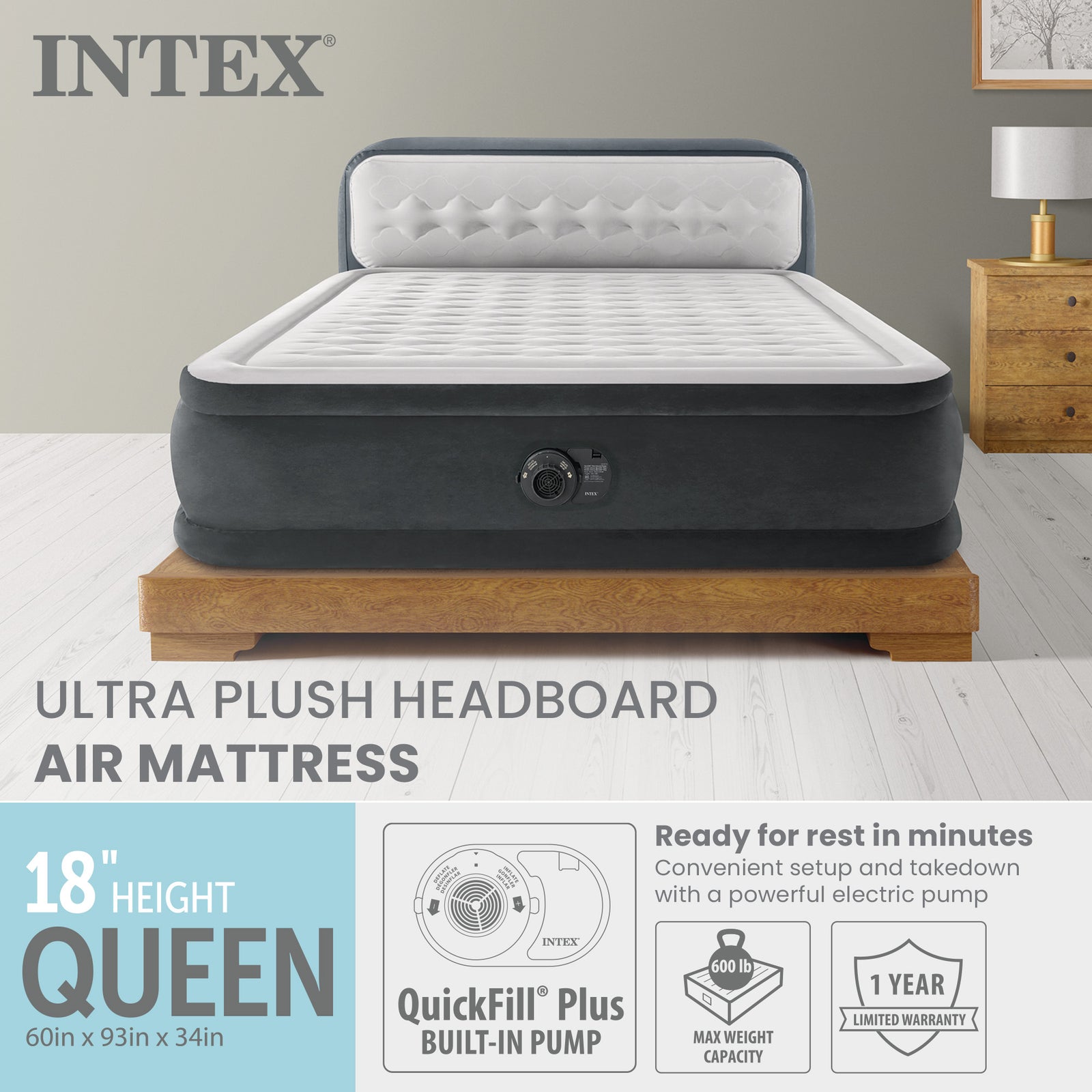 Intex Dura-Beam Deluxe Plush Headboard Queen Mattress Built-In Pump(Open Box) - VMInnovations