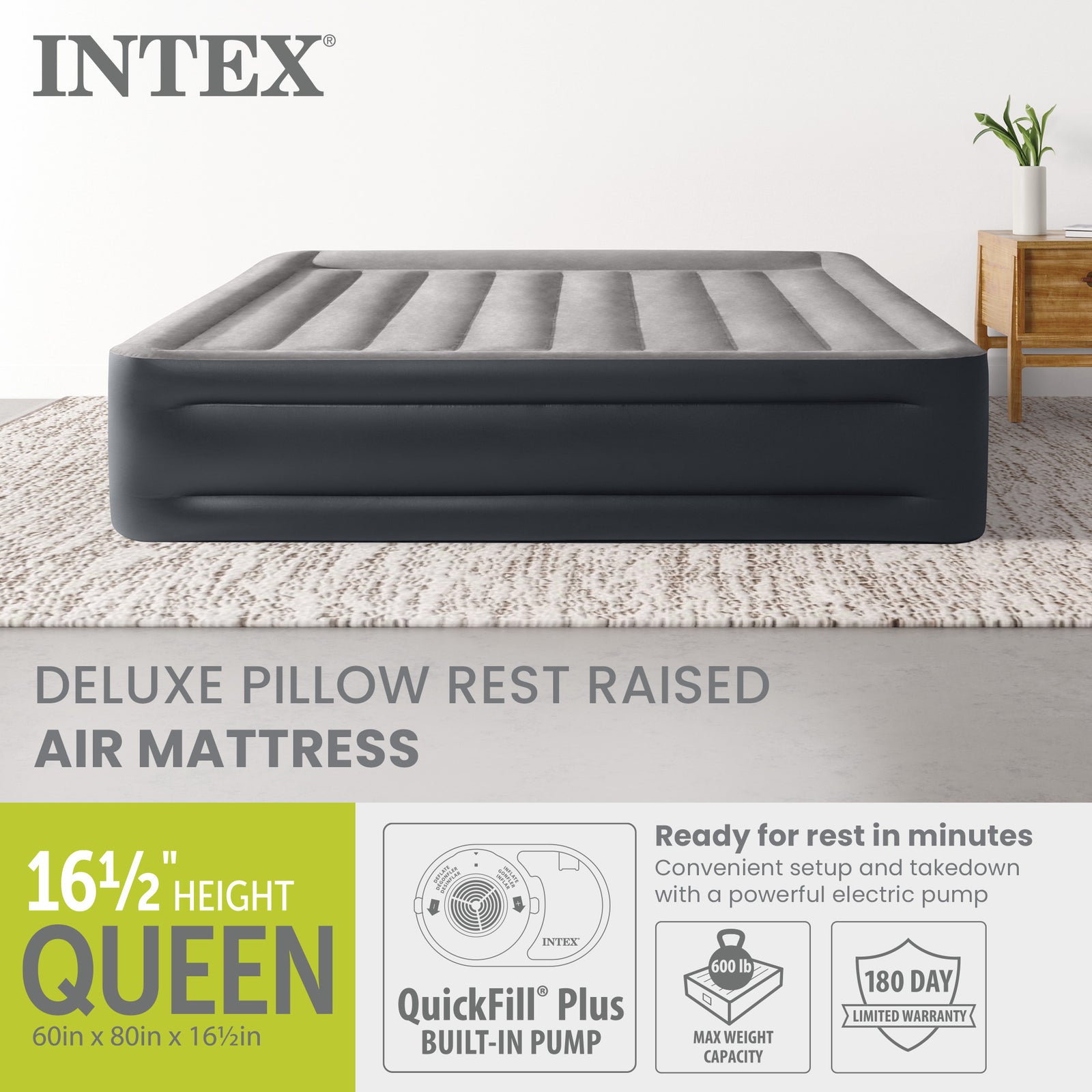 Intex Dura Beam Deluxe Pillow Mattress Air Bed with Built In Pump, Queen - VMInnovations