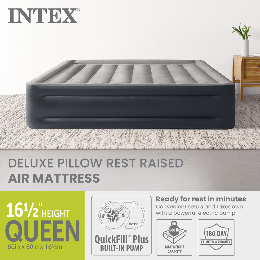 Intex Dura Beam Deluxe Pillow Mattress Air Bed with Built In Pump, Queen